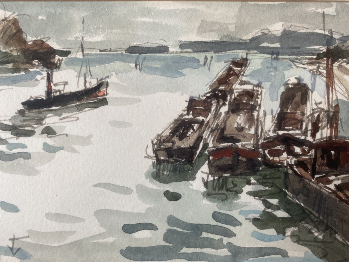 Fernand Herbo (1905-1995) – Port animé, aquarelle, peintre de la Marine-photo-3