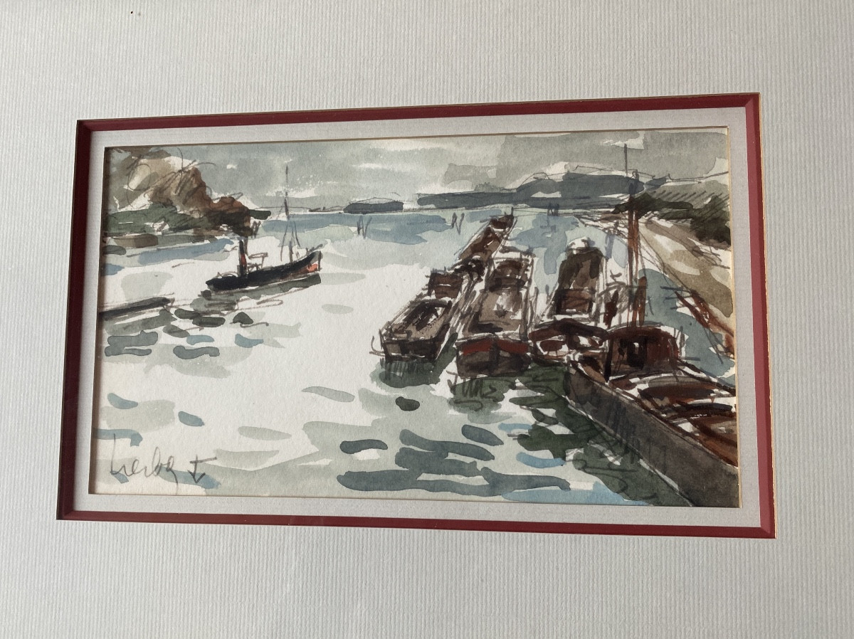 Fernand Herbo (1905-1995) – Port animé, aquarelle, peintre de la Marine-photo-5