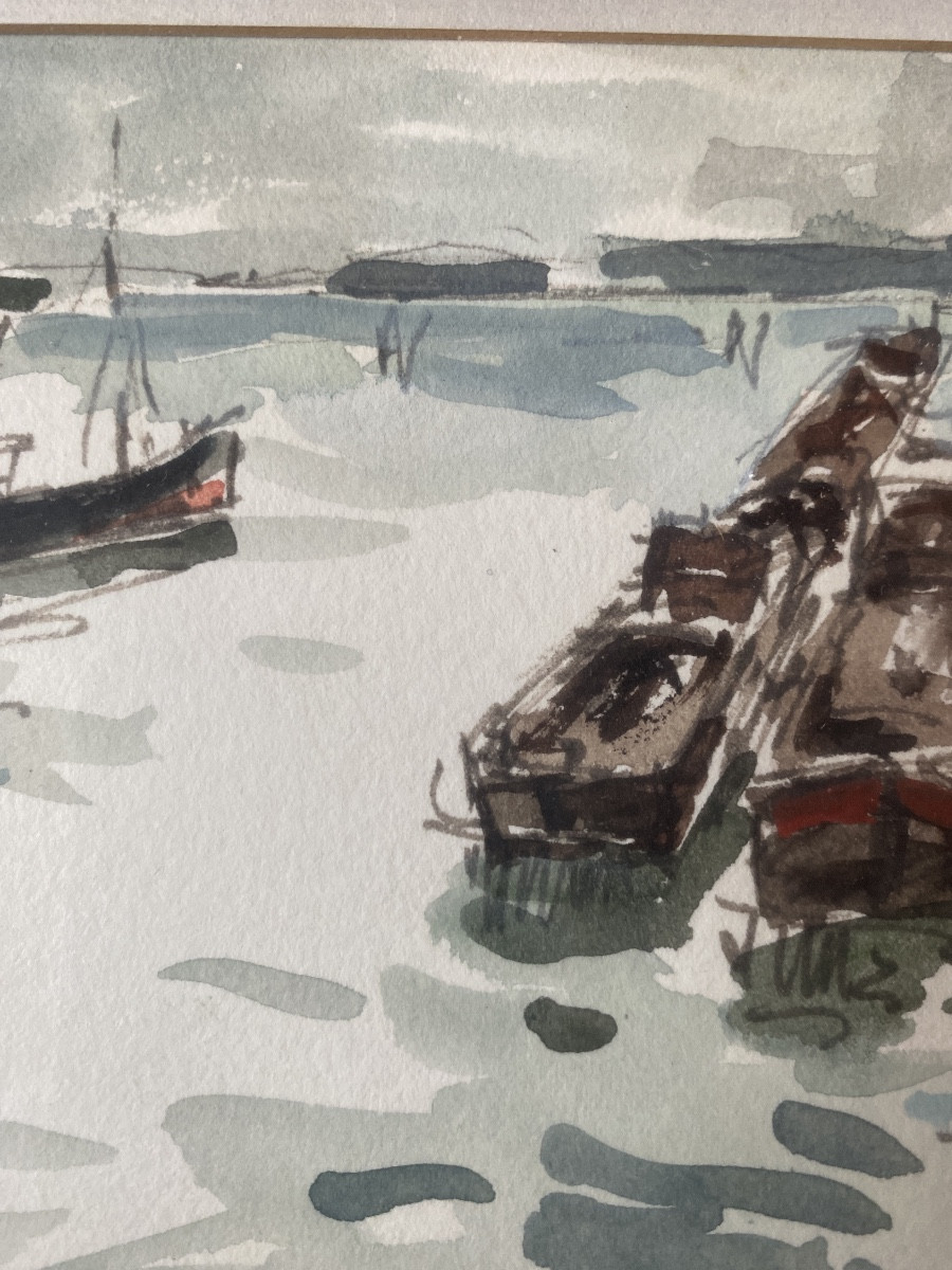 Fernand Herbo (1905-1995) – Port animé, aquarelle, peintre de la Marine-photo-7