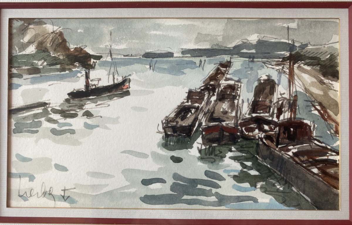 Fernand Herbo (1905-1995) – Port animé, aquarelle, peintre de la Marine