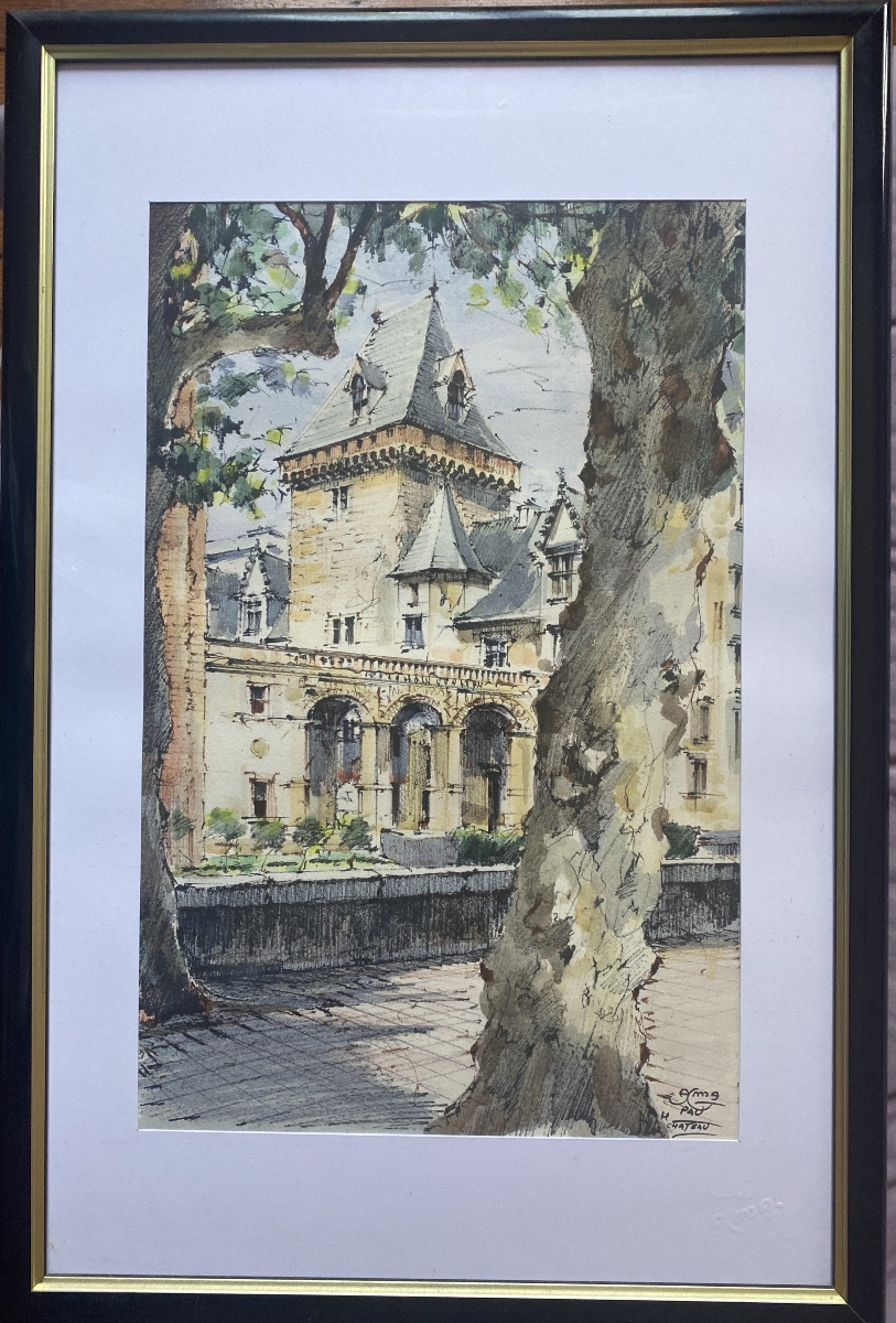 ALMA – Le Château de Pau, aquarelle originale signée et datée 1997-photo-2