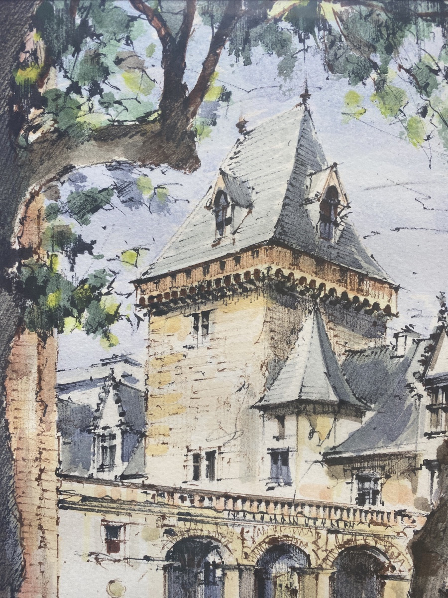 ALMA – Le Château de Pau, aquarelle originale signée et datée 1997-photo-1