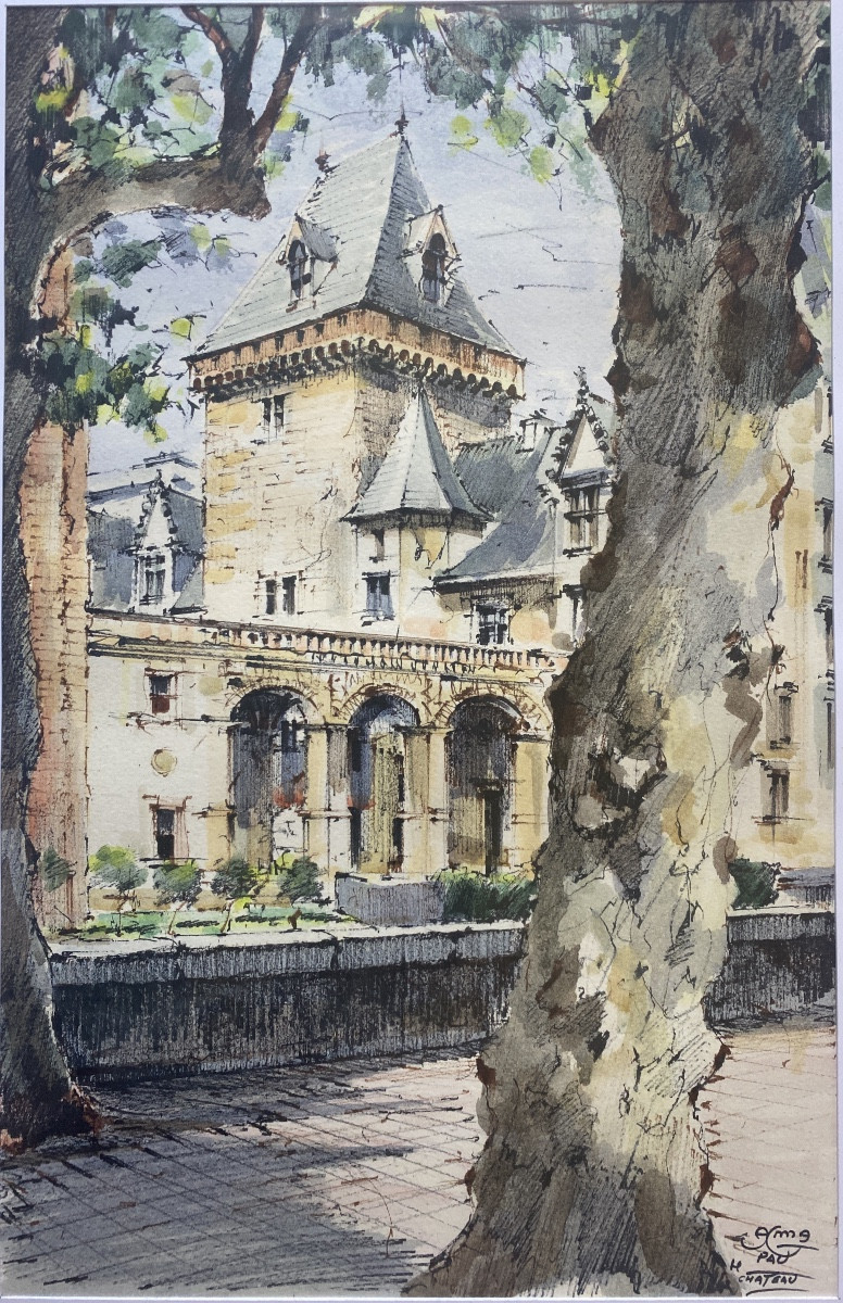 ALMA – Le Château de Pau, aquarelle originale signée et datée 1997