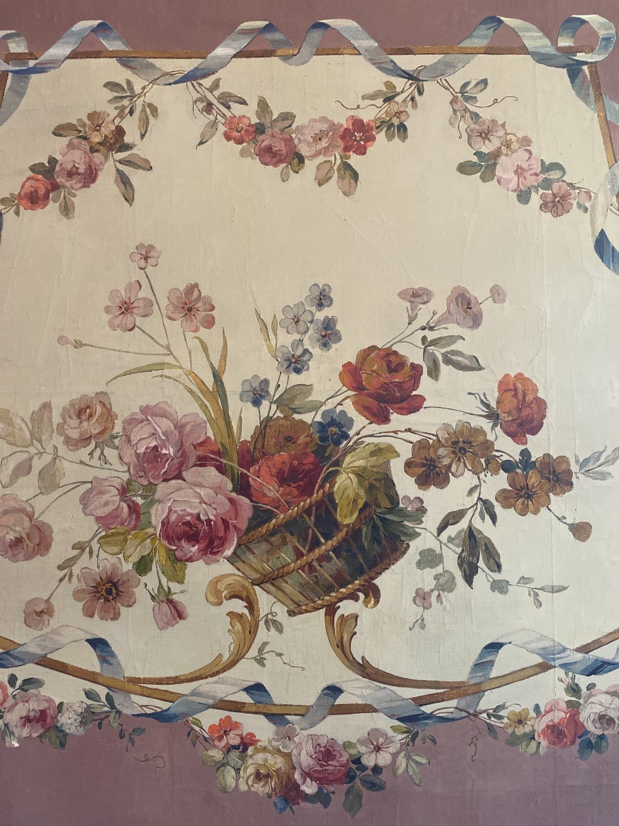 Floral Decorative Panel In The Louis XV Style - Oil On Canvas Dimensions: 79 X 75.5 Cm-photo-2