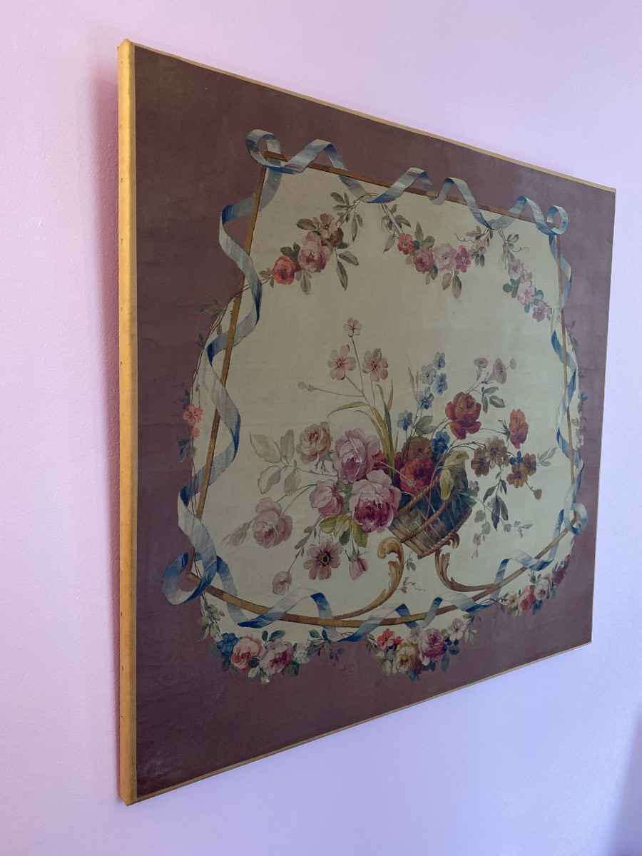 Floral Decorative Panel In The Louis XV Style - Oil On Canvas Dimensions: 79 X 75.5 Cm-photo-2