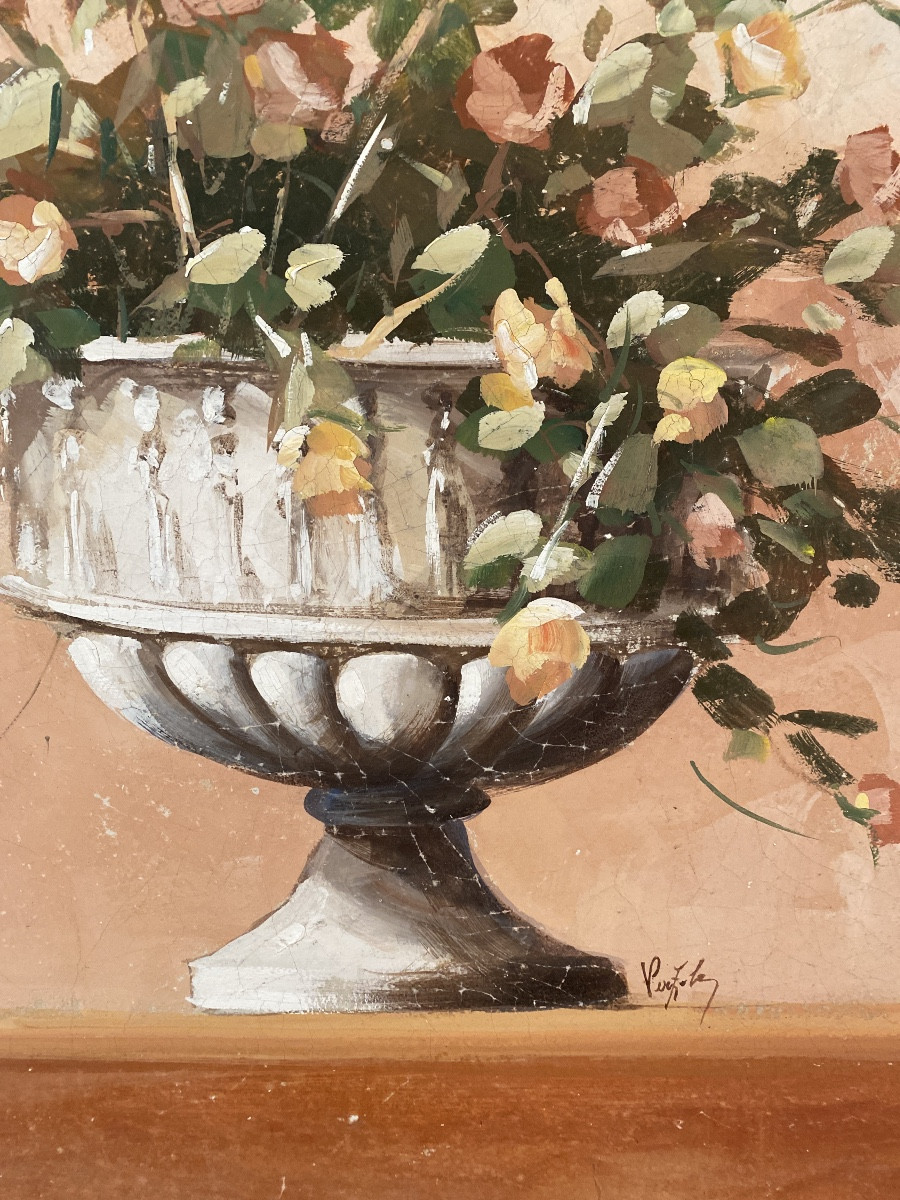 Grande huile sur toile à effet fresque, vase fleuri signé – Italie, vers 1950-photo-2