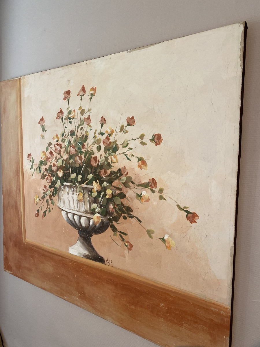 Grande huile sur toile à effet fresque, vase fleuri signé – Italie, vers 1950-photo-3