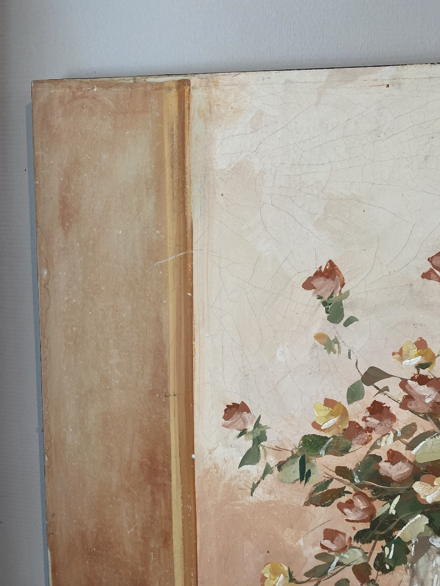 Grande huile sur toile à effet fresque, vase fleuri signé – Italie, vers 1950-photo-1