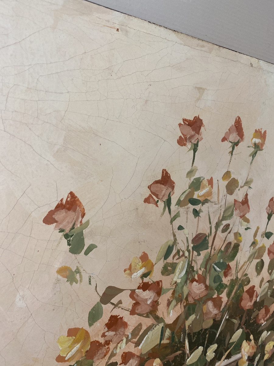 Grande huile sur toile à effet fresque, vase fleuri signé – Italie, vers 1950-photo-2
