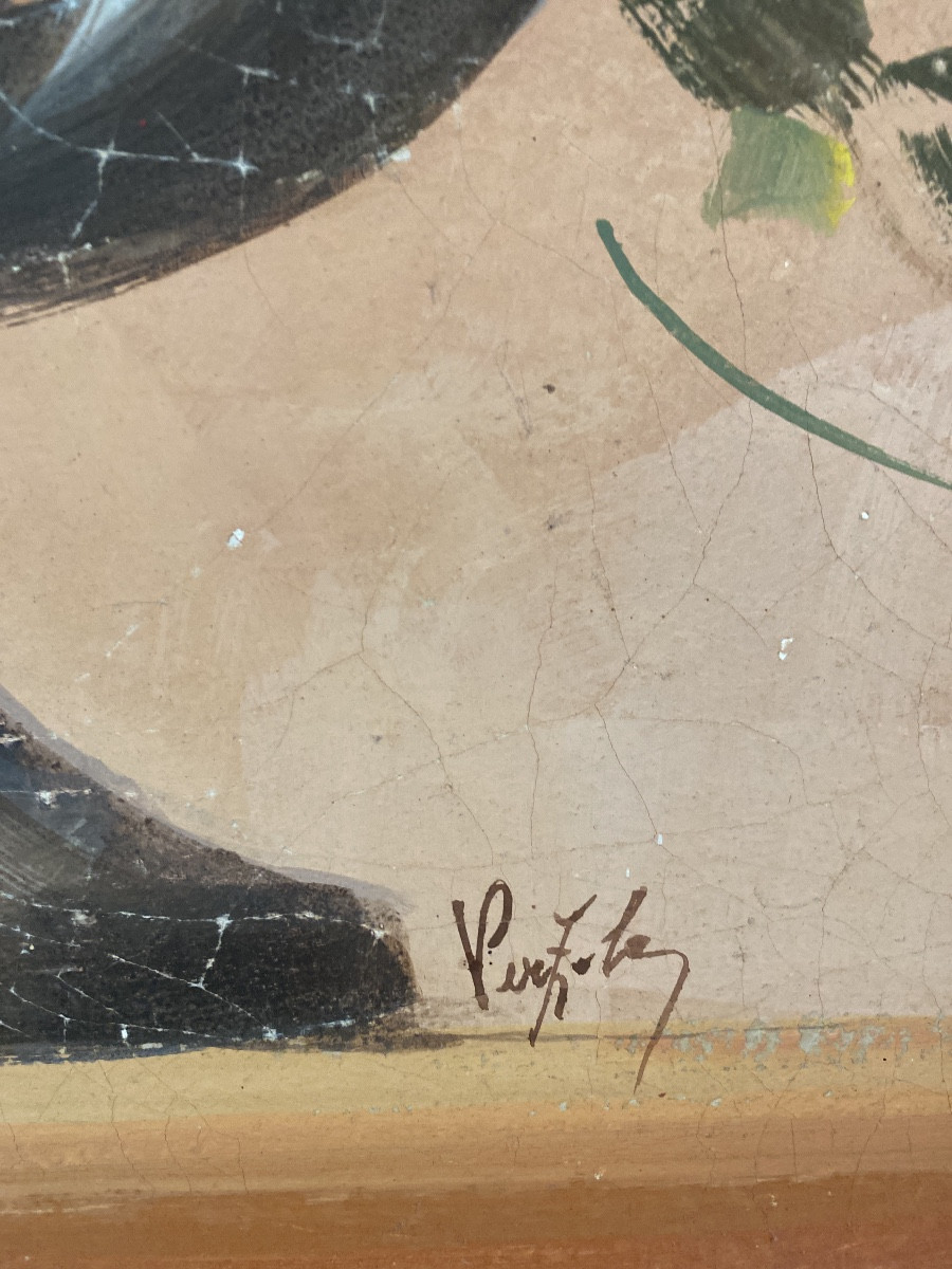 Grande huile sur toile à effet fresque, vase fleuri signé – Italie, vers 1950-photo-4
