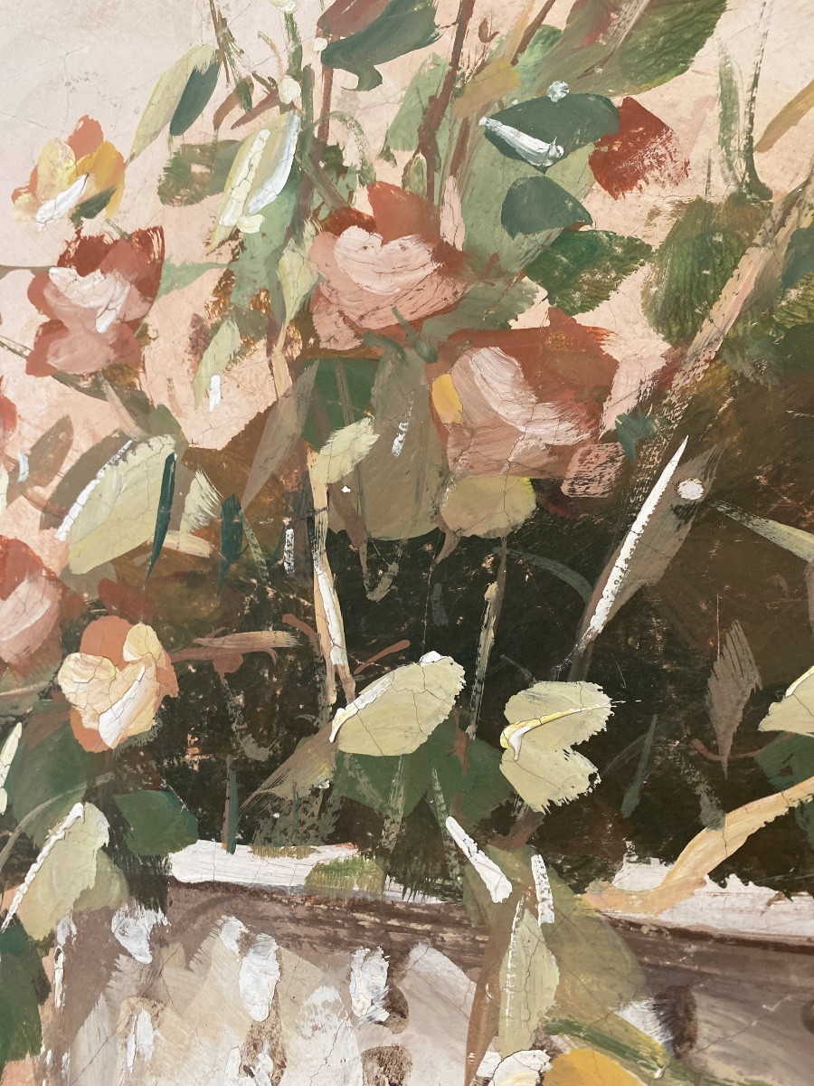 Grande huile sur toile à effet fresque, vase fleuri signé – Italie, vers 1950-photo-5