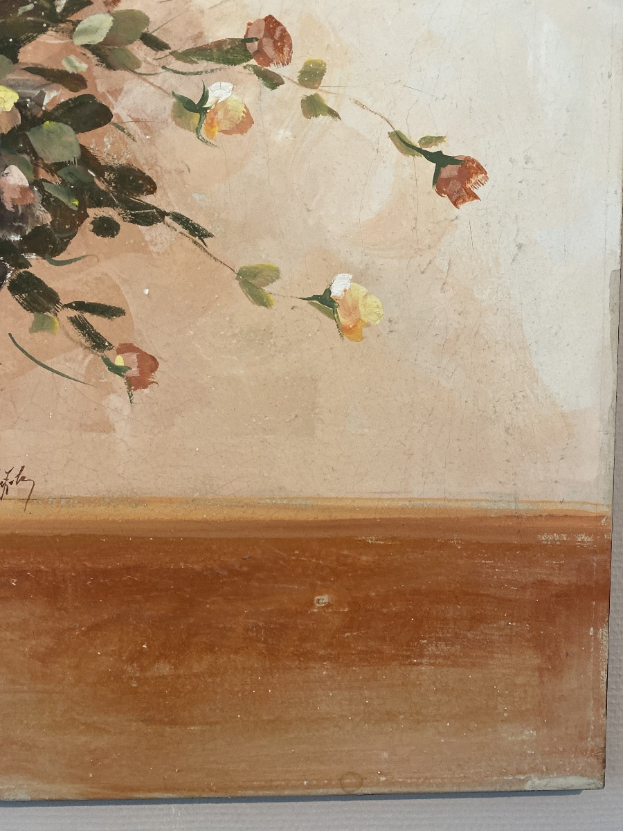 Grande huile sur toile à effet fresque, vase fleuri signé – Italie, vers 1950-photo-6