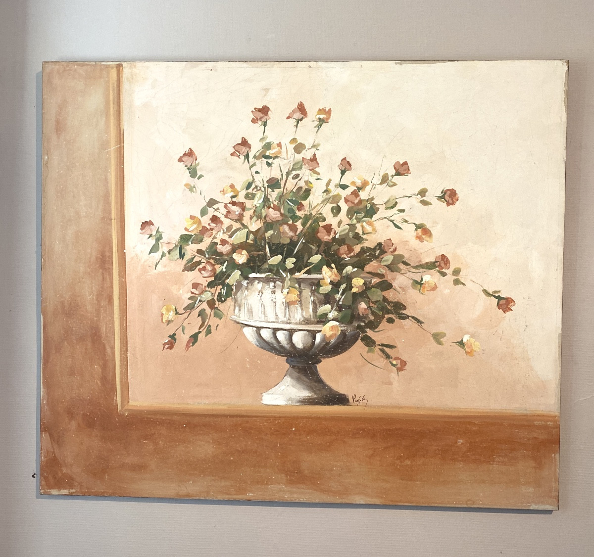 Grande huile sur toile à effet fresque, vase fleuri signé – Italie, vers 1950