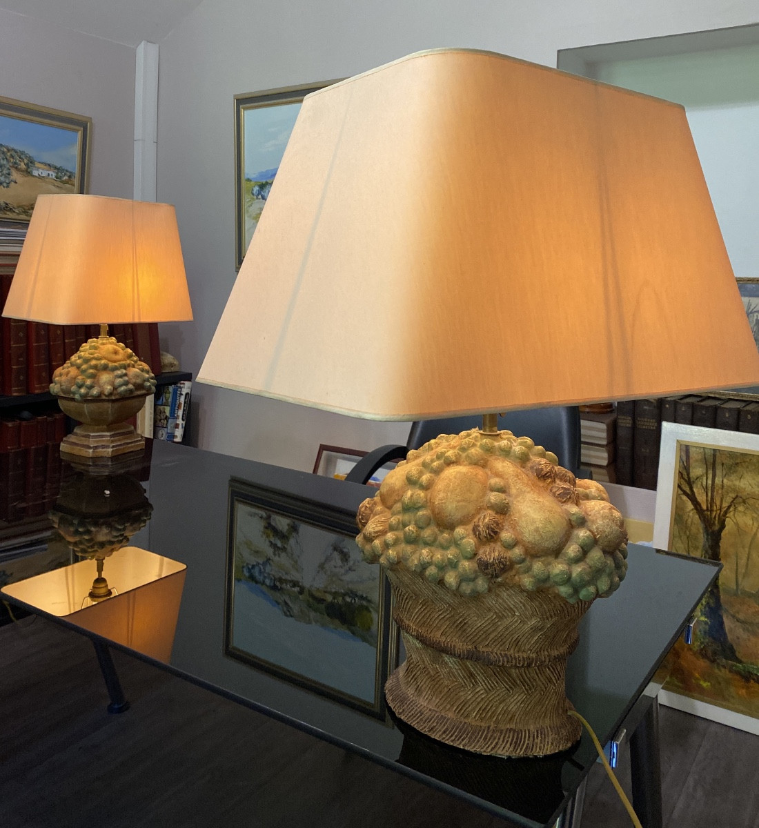 Pair De Lampes Françaises En Terre Cuite Estampée à La Main - Clertan France - Circa 1950