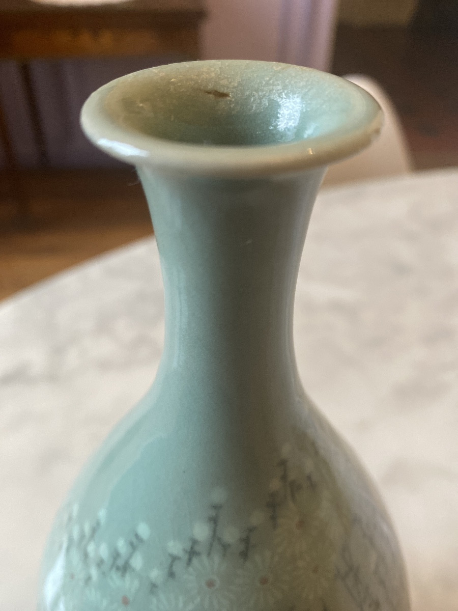 Antique Joseon Celadon - Bottle Vase And Matching Covered Box-photo-3