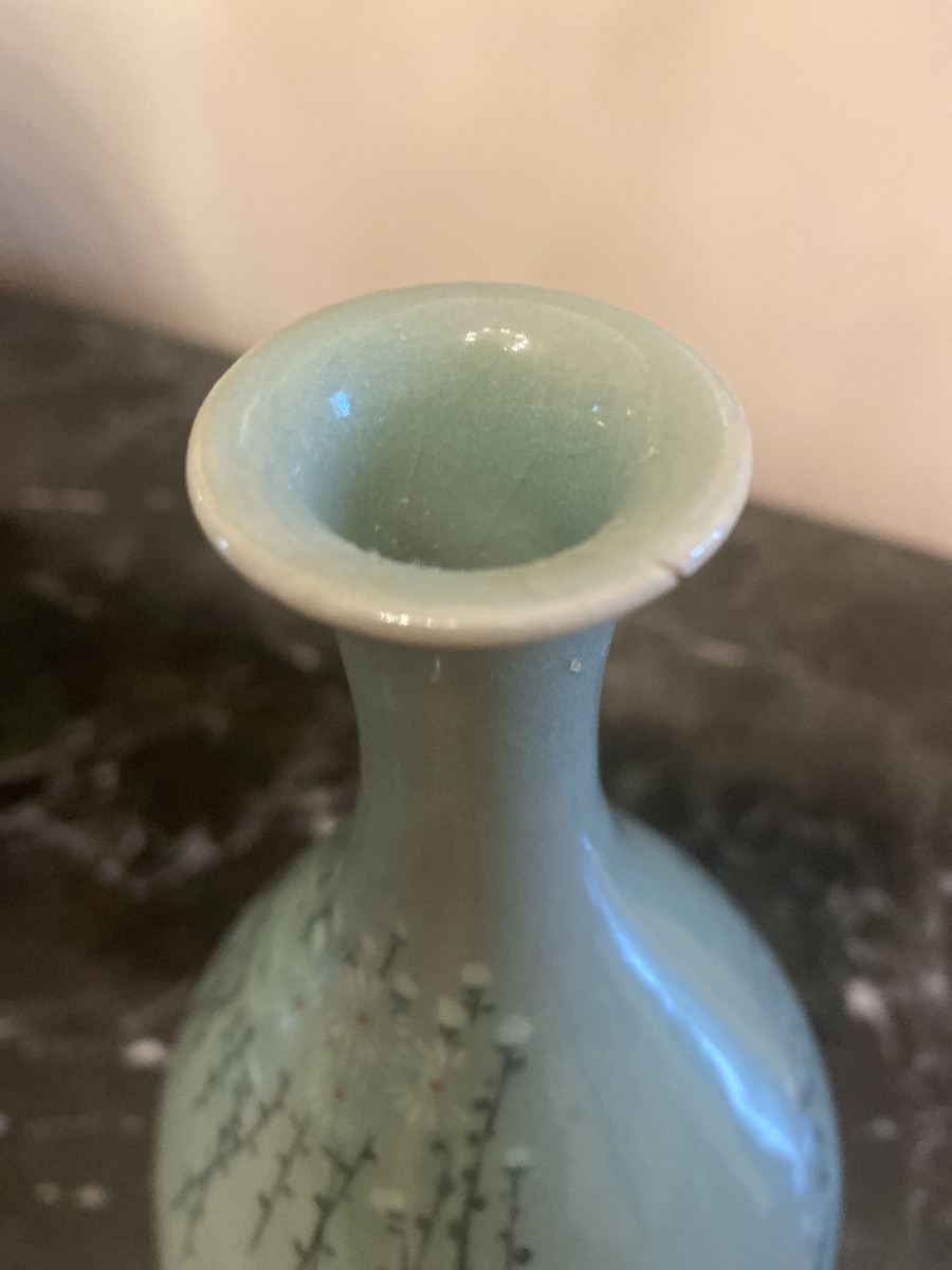 Antique Joseon Celadon - Bottle Vase And Matching Covered Box-photo-6