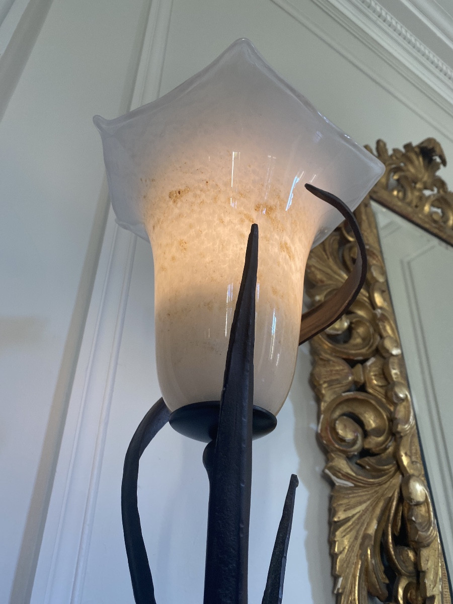 Large Italian Floral Floor Lamp In Wrought Iron And Murano Glass - Banci Firenze - 170 Cm-photo-3