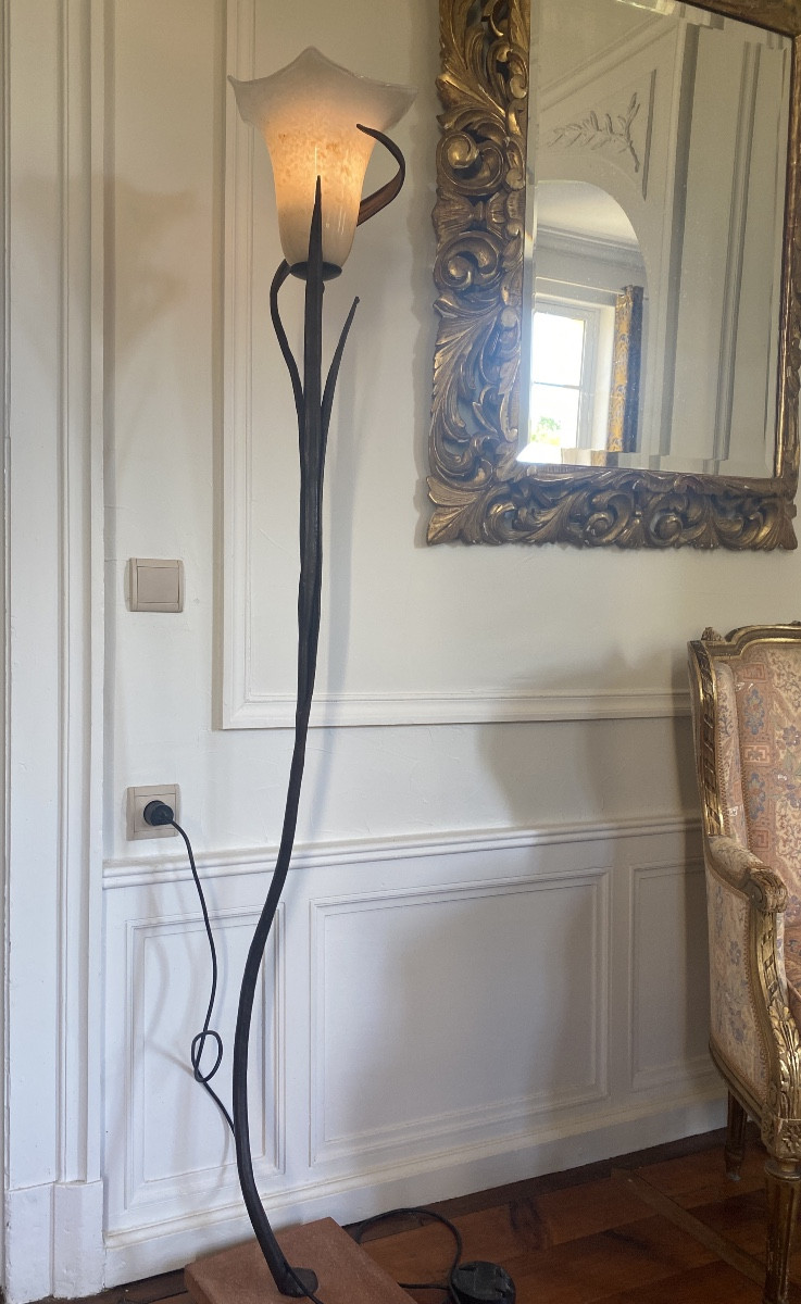 Large Italian Floral Floor Lamp In Wrought Iron And Murano Glass - Banci Firenze - 170 Cm
