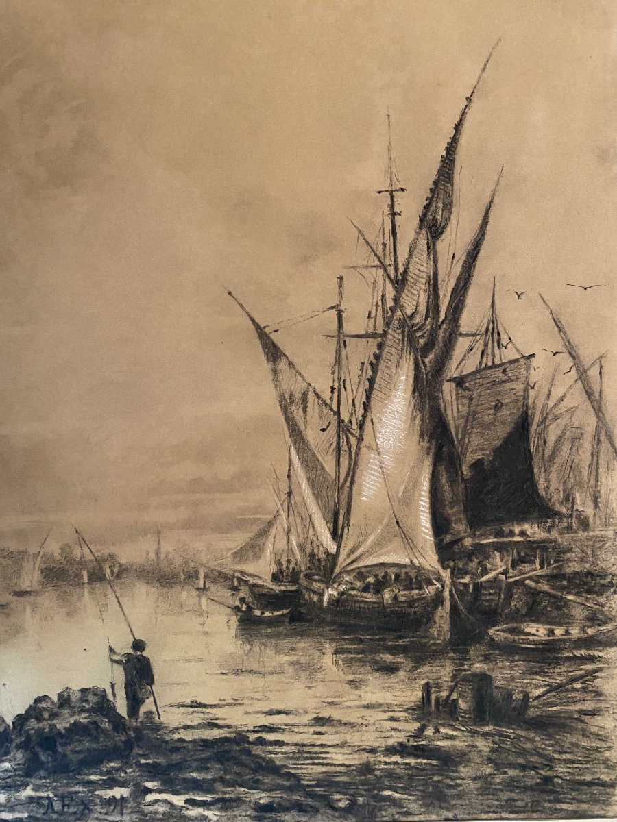 Marine au port au fusain, monogramme A.F.X., daté 1891-photo-2