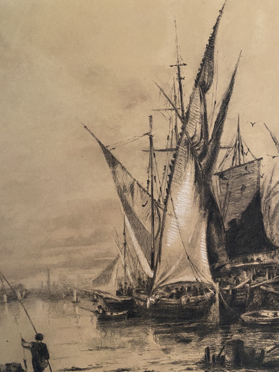 Marine au port au fusain, monogramme A.F.X., daté 1891-photo-3