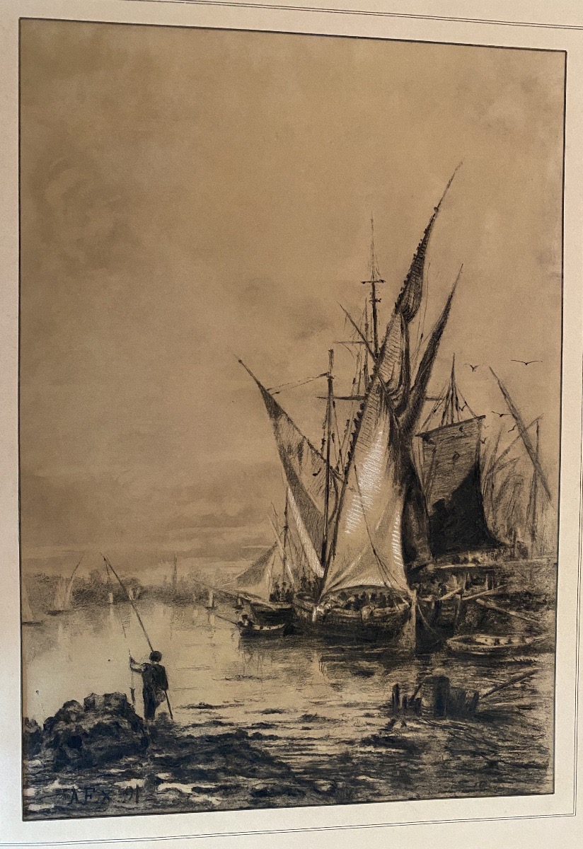 Marine au port au fusain, monogramme A.F.X., daté 1891-photo-4