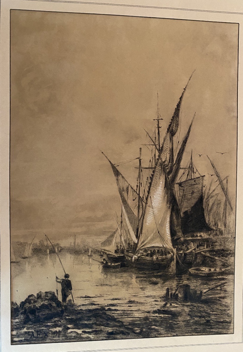 Marine au port au fusain, monogramme A.F.X., daté 1891-photo-1