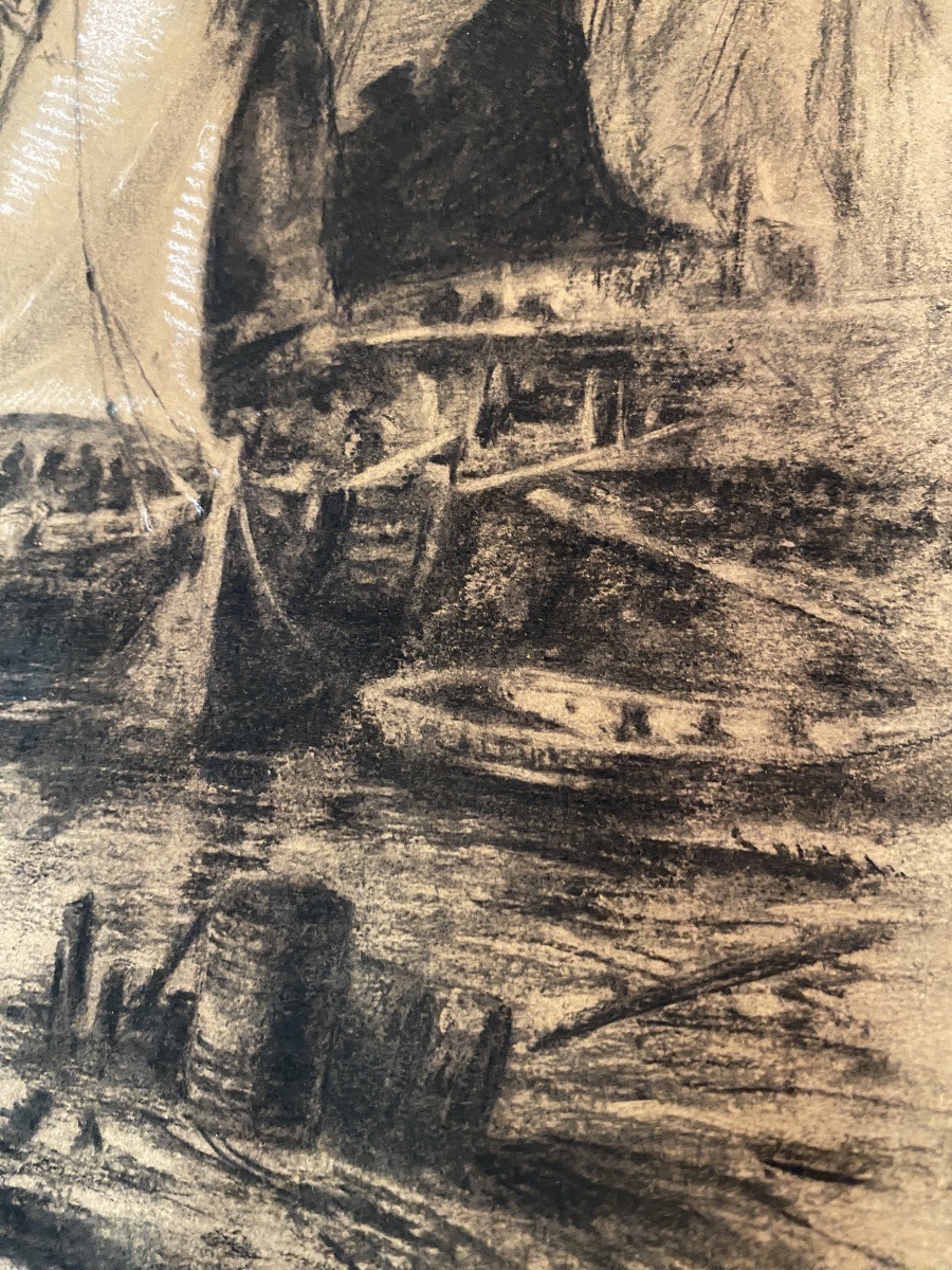 Marine au port au fusain, monogramme A.F.X., daté 1891-photo-3