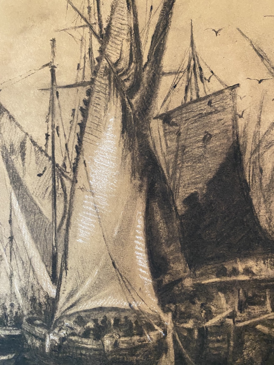 Marine au port au fusain, monogramme A.F.X., daté 1891-photo-4