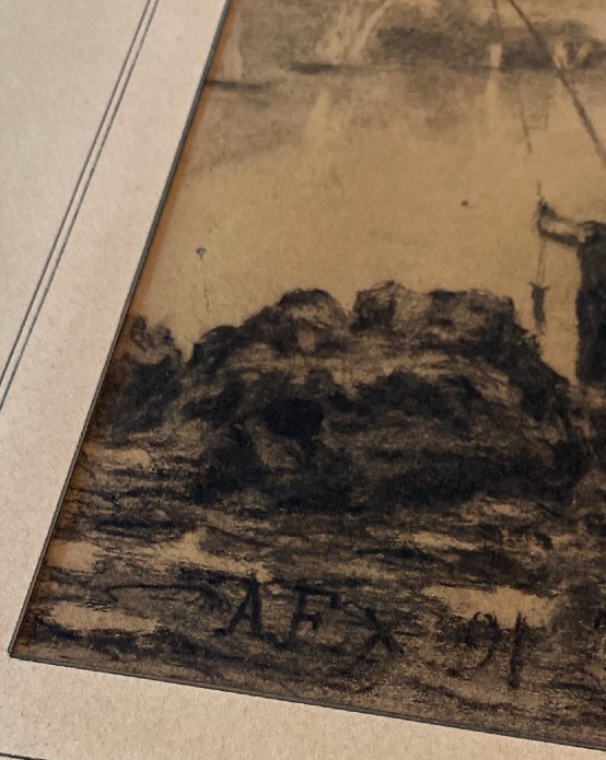 Marine au port au fusain, monogramme A.F.X., daté 1891-photo-5