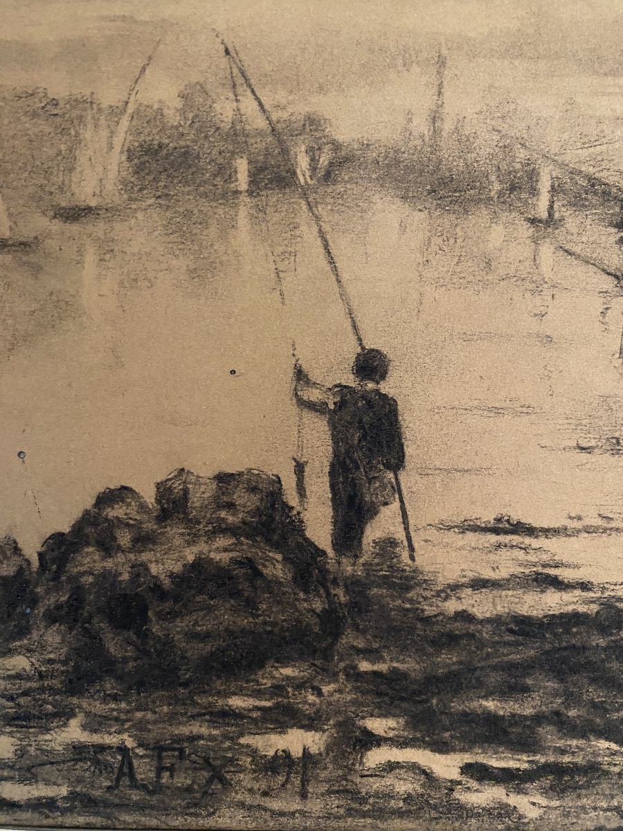Marine au port au fusain, monogramme A.F.X., daté 1891-photo-6