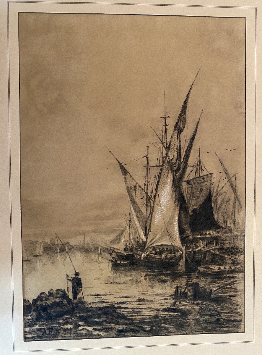 Marine au port au fusain, monogramme A.F.X., daté 1891
