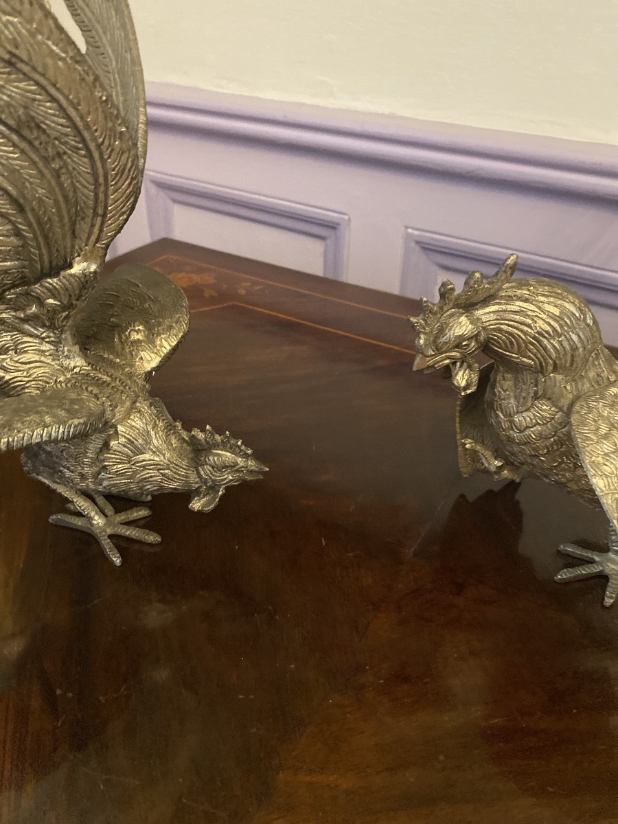Le Combat des Coqs – Paire de sculptures en bronze argenté-photo-2