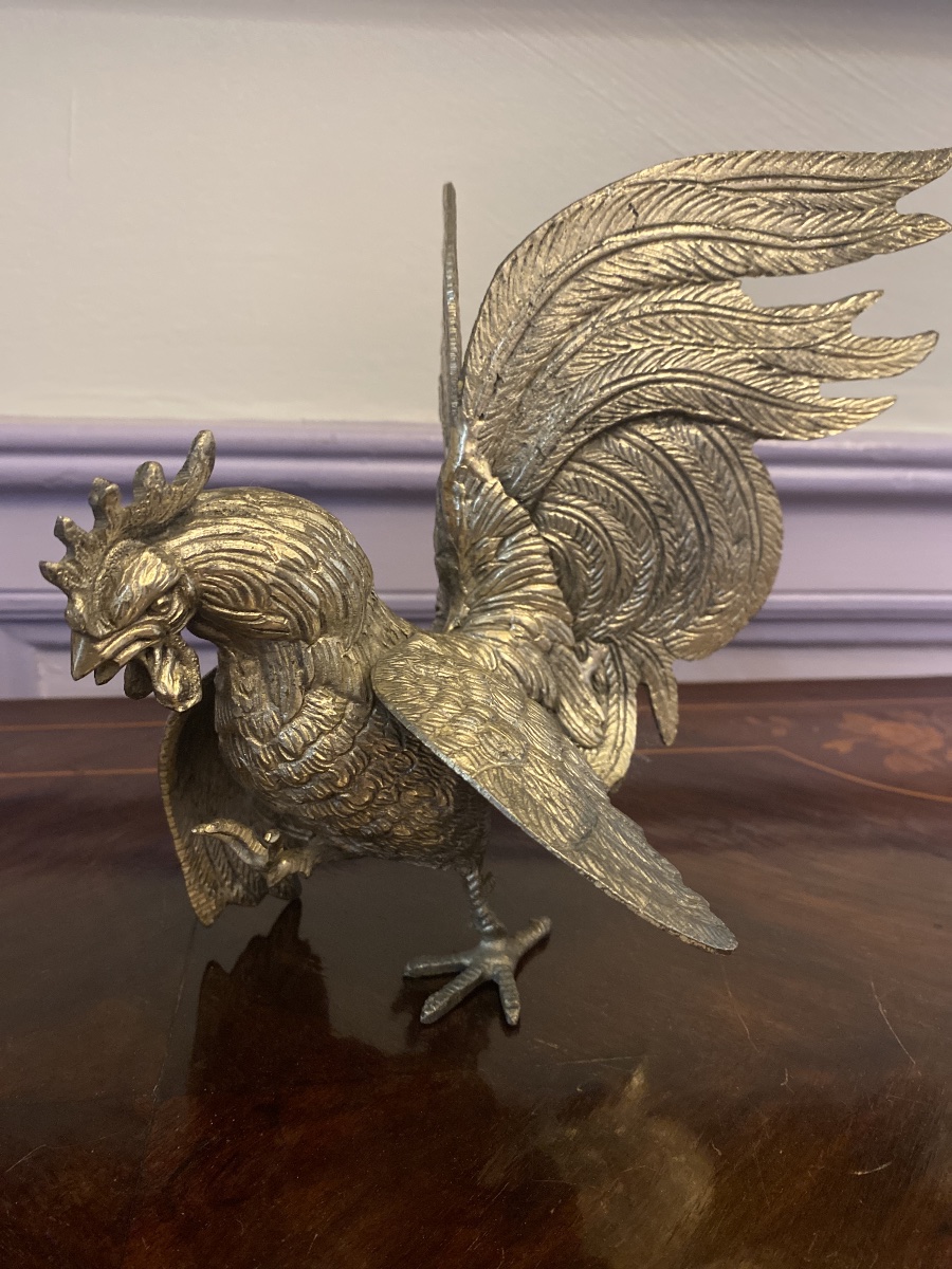 Le Combat des Coqs – Paire de sculptures en bronze argenté-photo-3