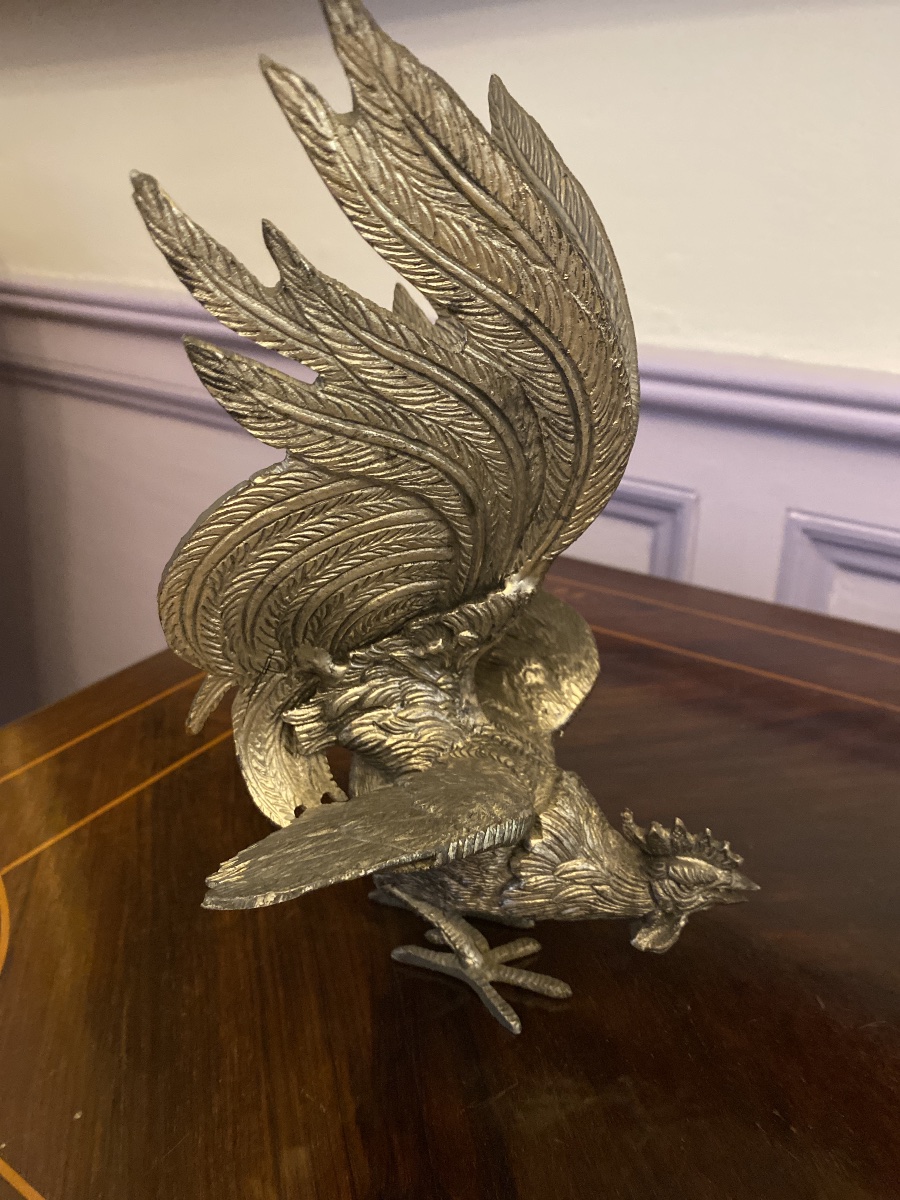 Le Combat des Coqs – Paire de sculptures en bronze argenté-photo-4