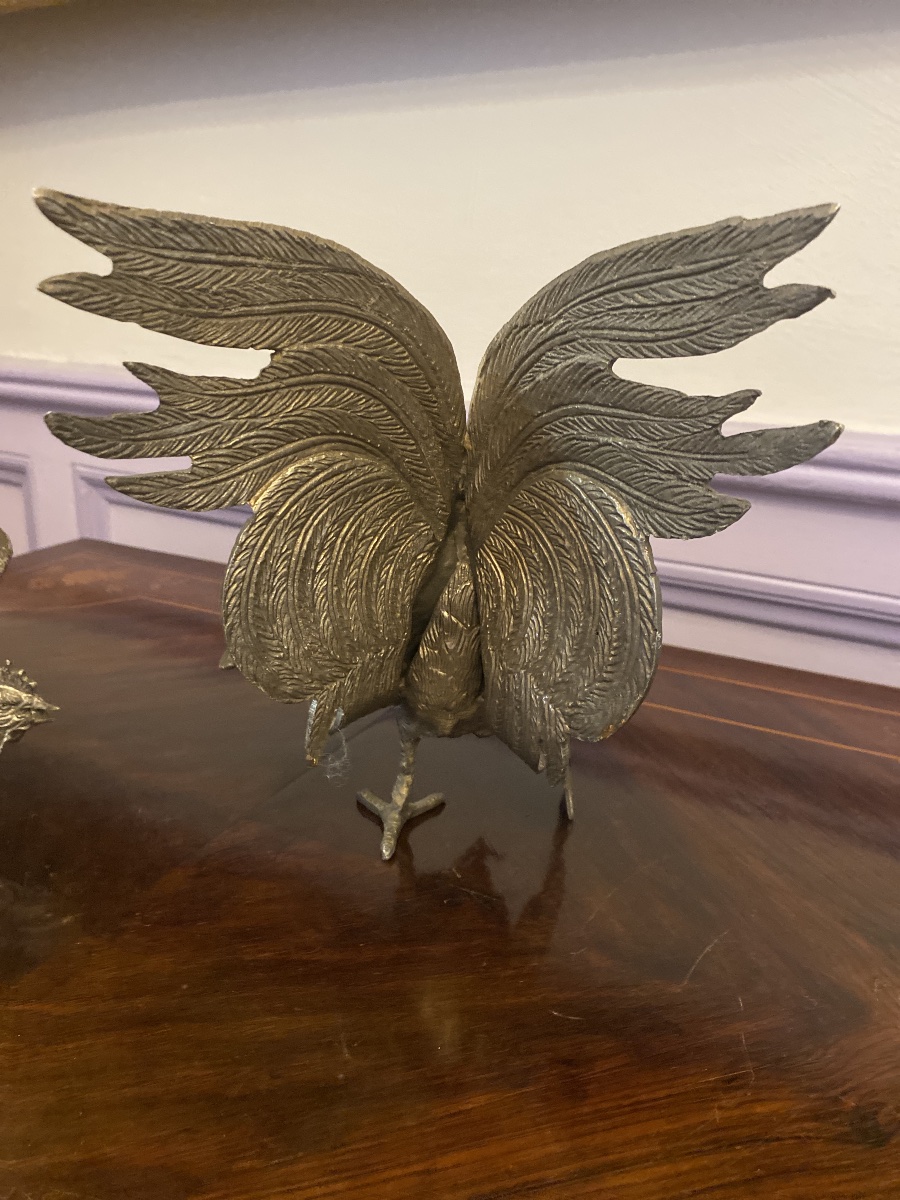 Le Combat des Coqs – Paire de sculptures en bronze argenté-photo-2