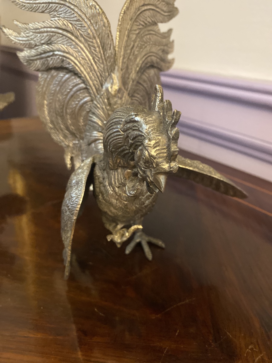 Le Combat des Coqs – Paire de sculptures en bronze argenté-photo-3