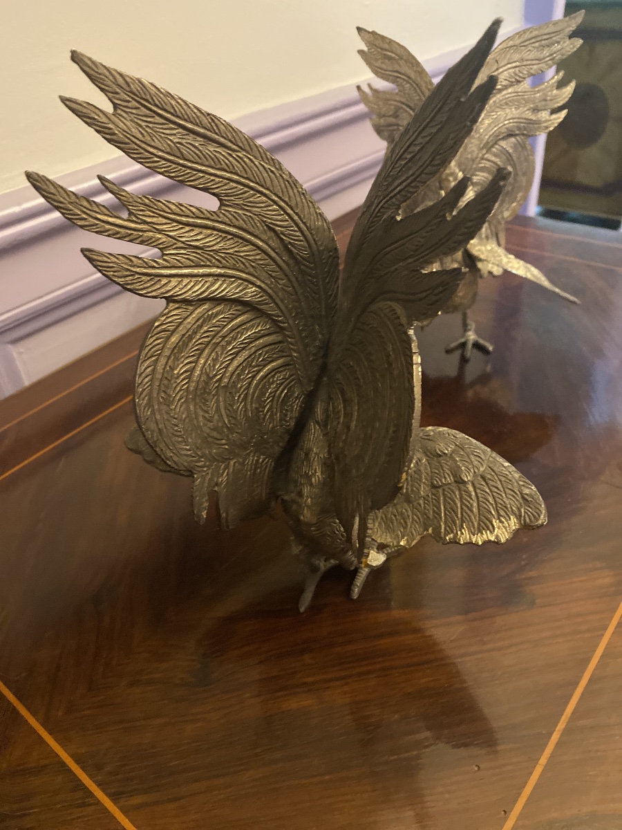 Le Combat des Coqs – Paire de sculptures en bronze argenté-photo-6