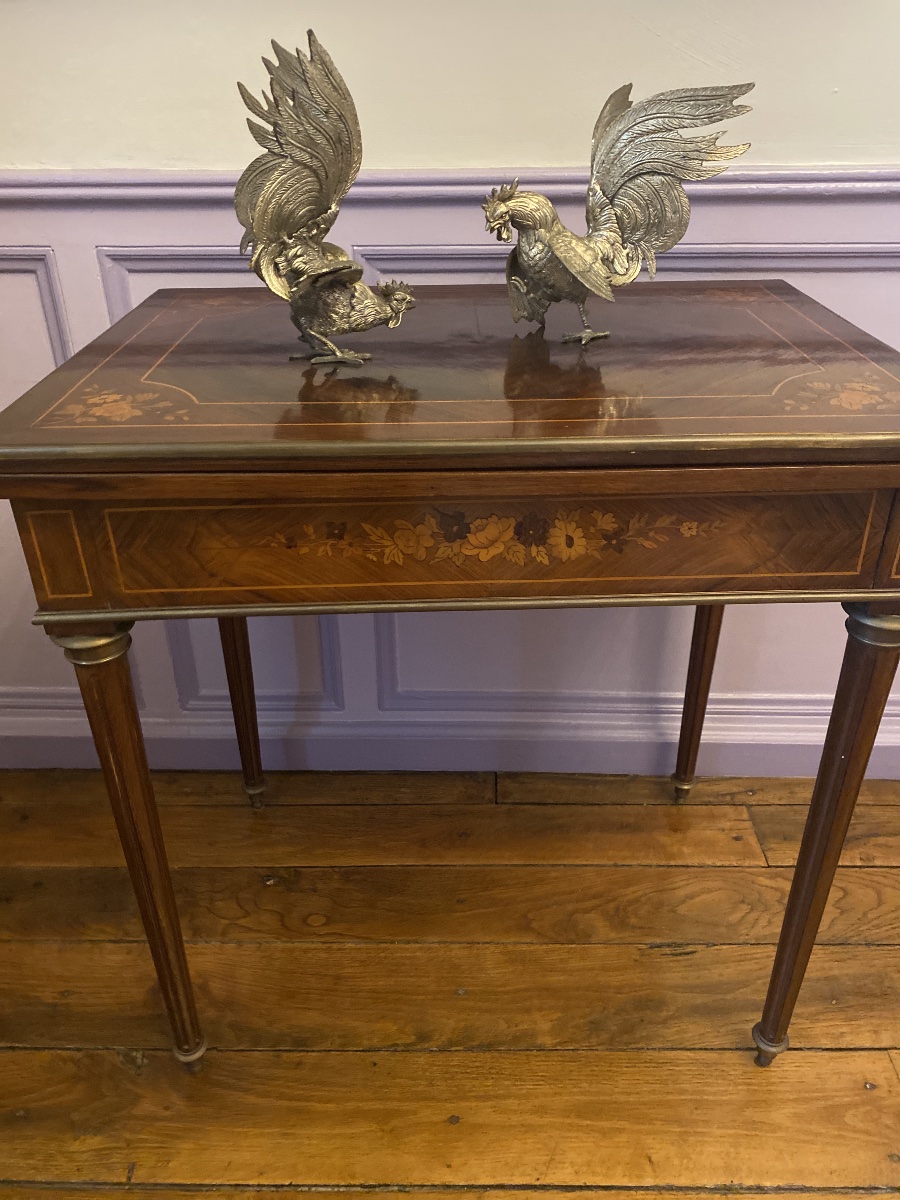 Le Combat des Coqs – Paire de sculptures en bronze argenté-photo-7