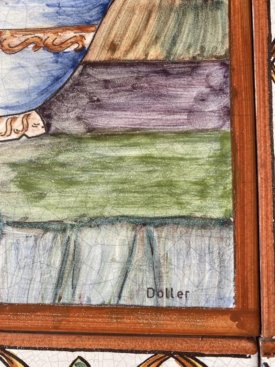 Large Panel Of Glazed Ceramic Tiles Signed By Doller-photo-2