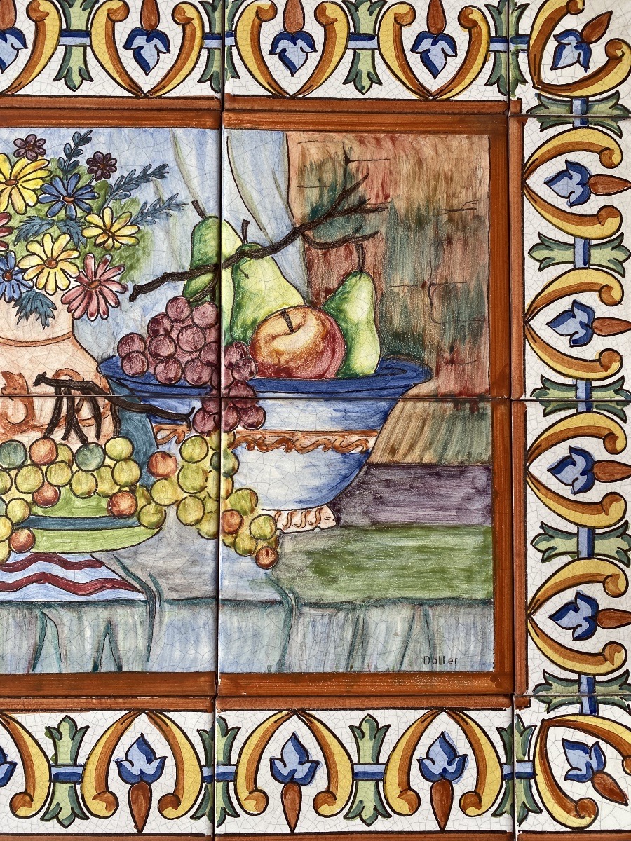 Large Panel Of Glazed Ceramic Tiles Signed By Doller-photo-6