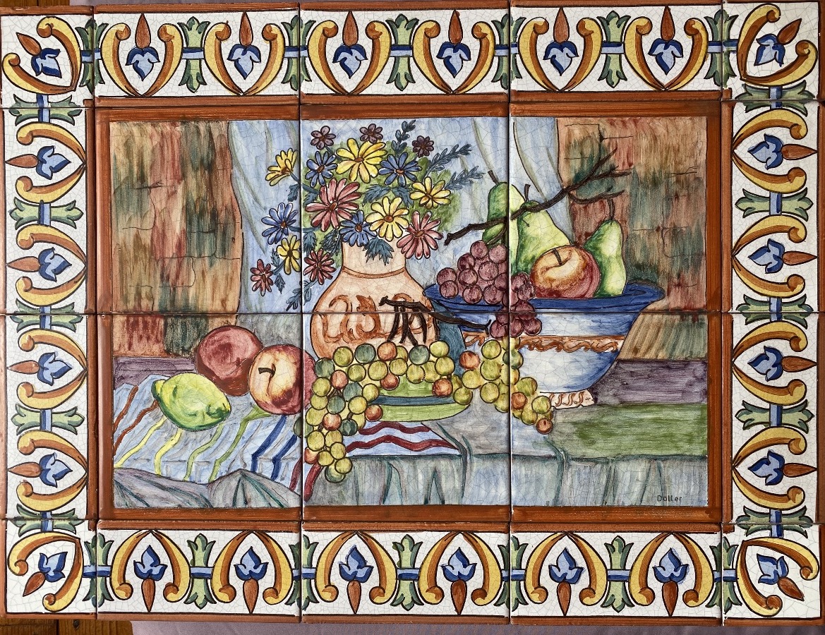 Large Panel Of Glazed Ceramic Tiles Signed By Doller