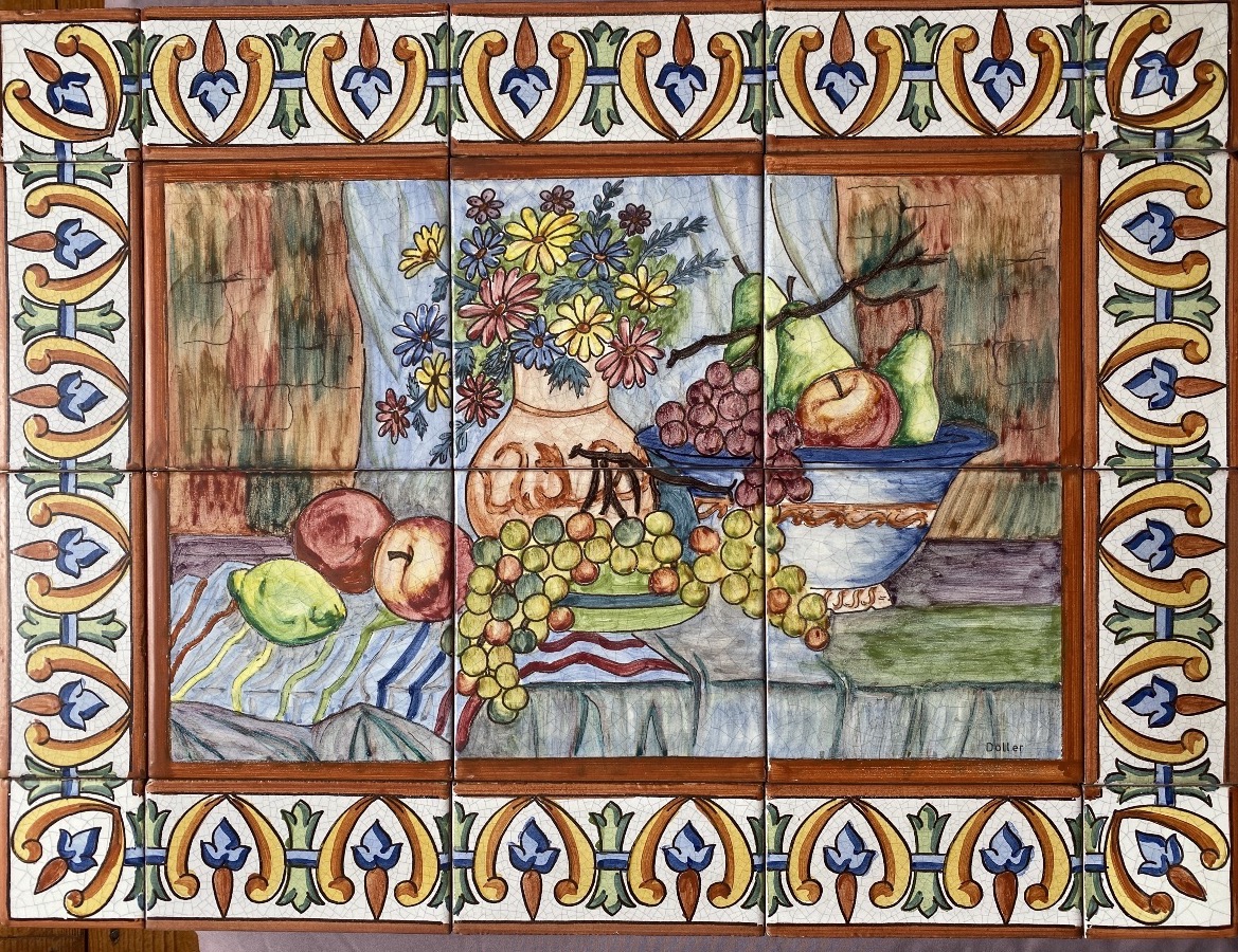 Large Panel Of Glazed Ceramic Tiles Signed By Doller