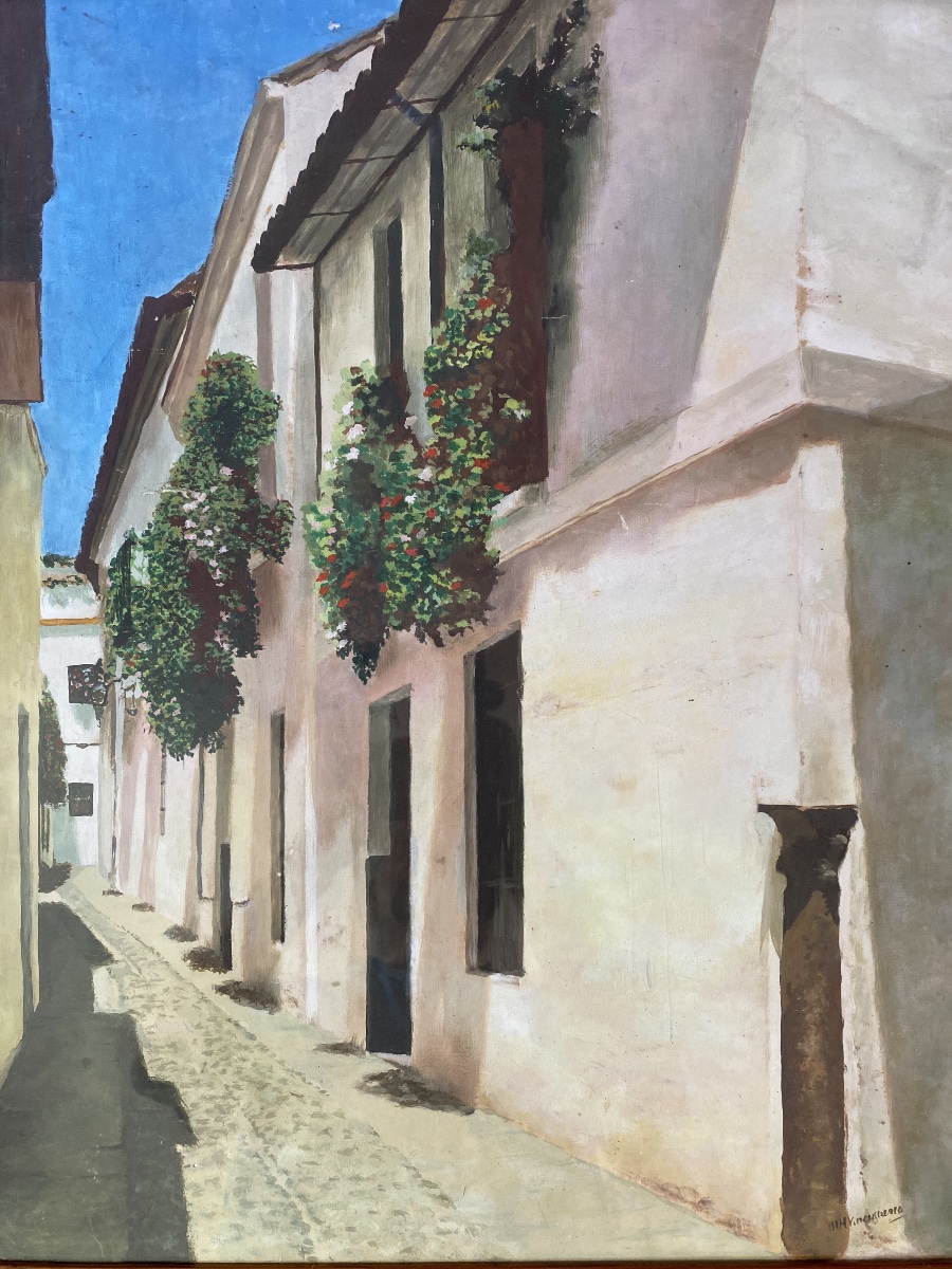 M.H. Vinciguerra – Grande aquarelle rehaussée de gouache, rue andalouse ensoleillée -photo-3