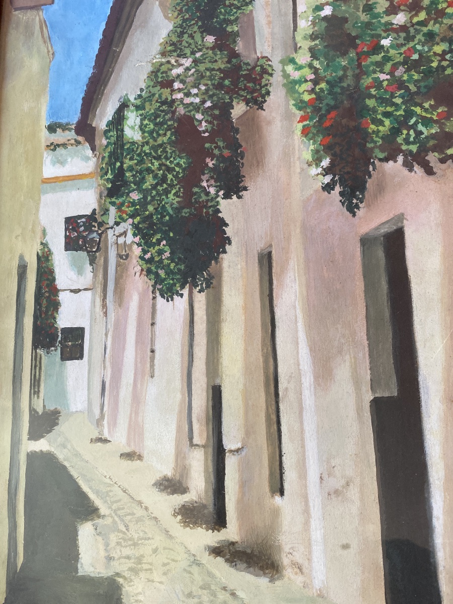 M.H. Vinciguerra – Grande aquarelle rehaussée de gouache, rue andalouse ensoleillée -photo-1