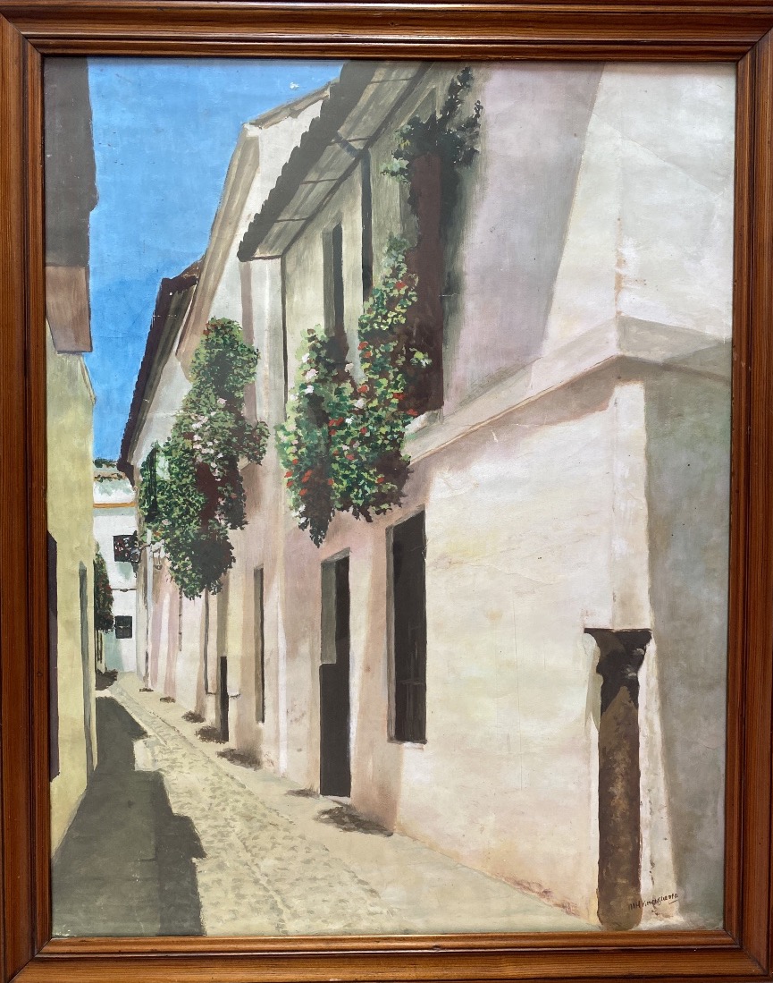 M.H. Vinciguerra – Grande aquarelle rehaussée de gouache, rue andalouse ensoleillée 