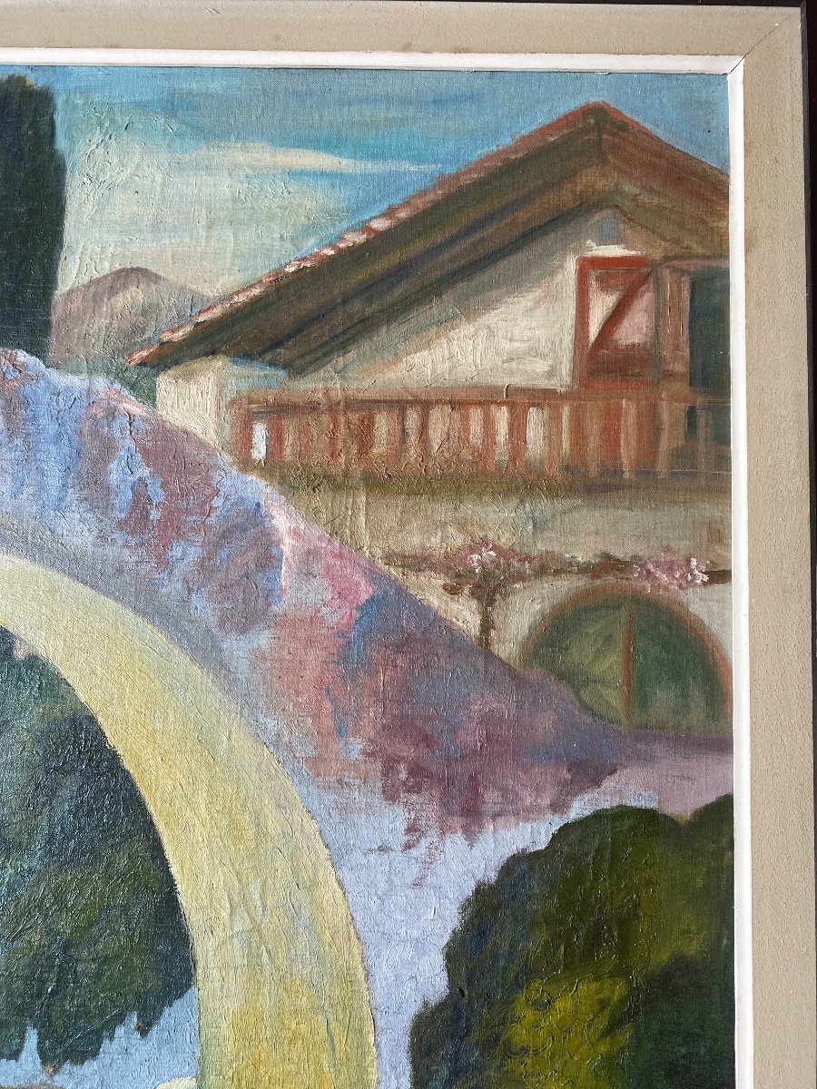 Georges Bergès (1870–1934) – The Ascain Bridge, Oil On Mounted Canvas-photo-1