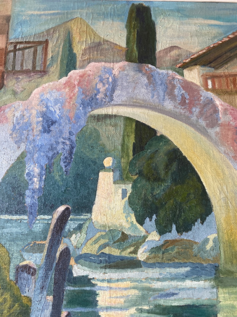 Georges Bergès (1870–1934) – The Ascain Bridge, Oil On Mounted Canvas-photo-2