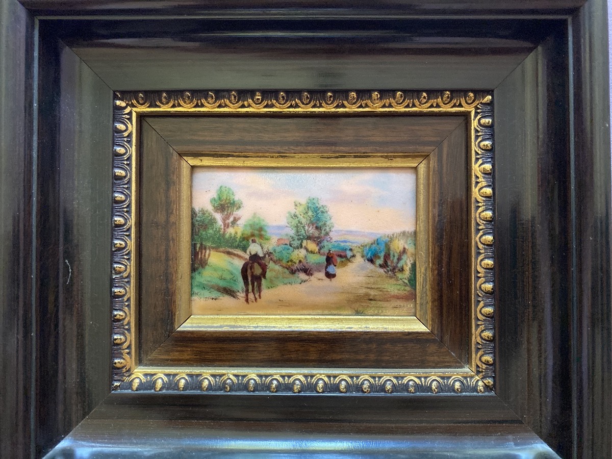 Suite de trois émaux de Limoges (XX eme )-Atelier J. Bétourné – Paysages peints à la main-photo-3