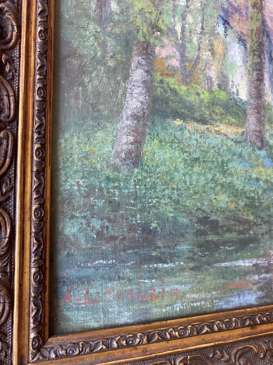 A. L. MECHAIN (XXe) – Maison dans les bois au bord de l’eau – Huile sur toile marouflée-photo-2