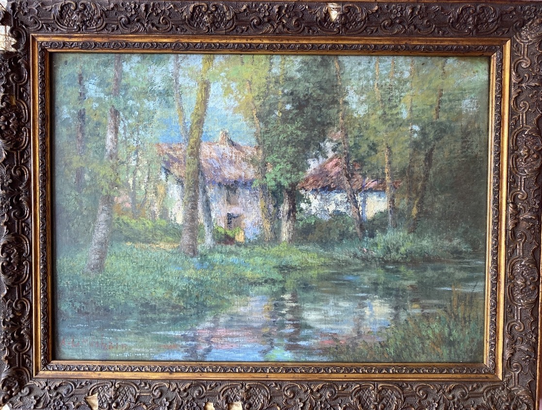 A. L. MECHAIN (XXe) – Maison dans les bois au bord de l’eau – Huile sur toile marouflée-photo-3